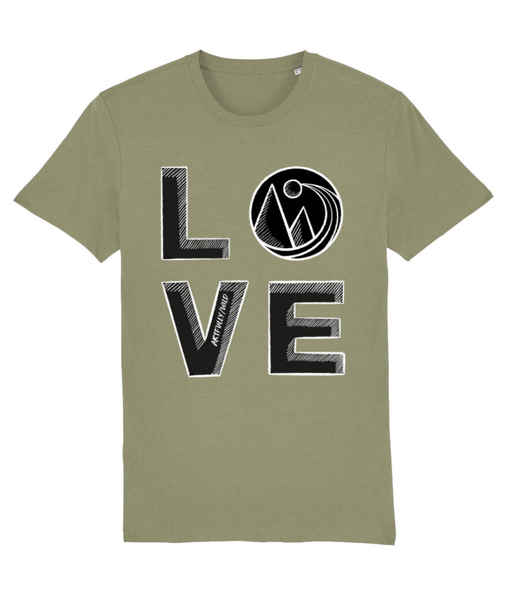 'LOVE' Print on Sage Green Organic T-Shirt. Unisex/Women/Men. Ethical Clothing. Original Sketched Illustration by Artfully/Wild. Printed with water-based inks.