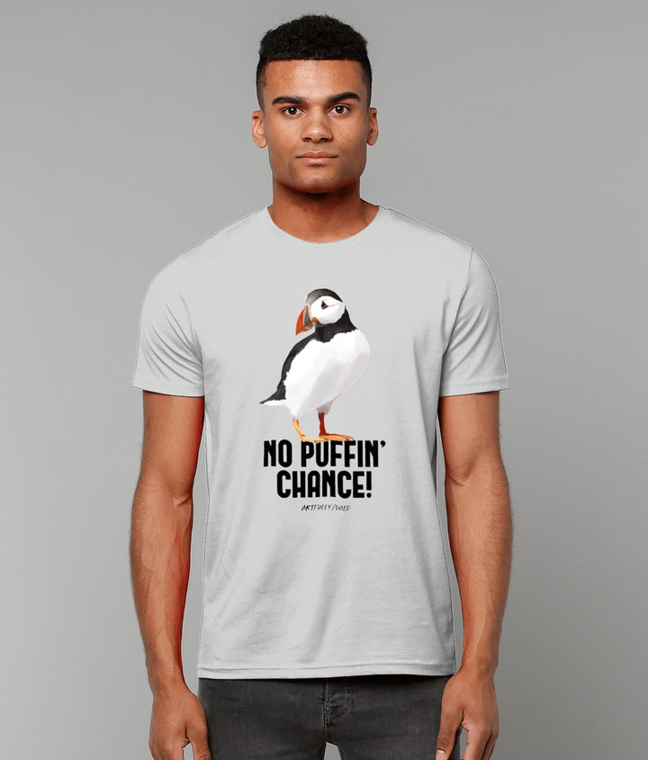 Male model wearing 'NO PUFFIN CHANCE' Print on Grey Marl Organic T-Shirt. Unisex/Women/Men. Ethical Clothing for British wildlife lovers. Original Painted Illustration by Artfully/Wild.