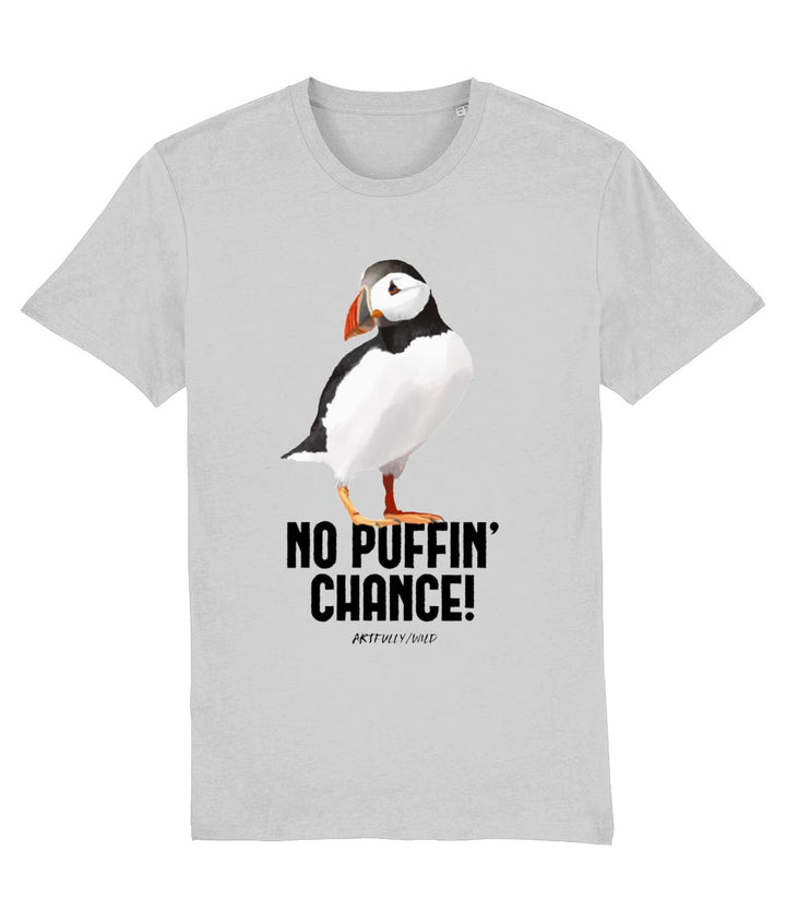 'NO PUFFIN CHANCE' Print on Grey Marl Organic T-Shirt. Unisex/Women/Men. Ethical Clothing for British wildlife lovers. Original Painted Illustration by Artfully/Wild.