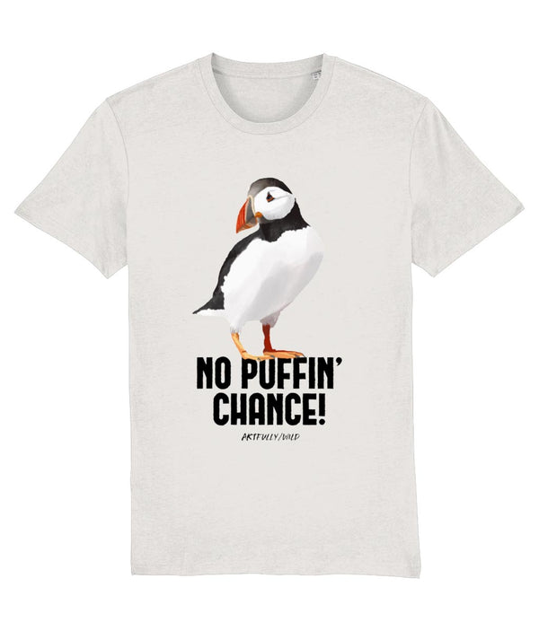 'NO PUFFIN CHANCE' Print on Vintage White Organic T-Shirt. Unisex/Women/Men. Ethical Clothing for British wildlife lovers. Original Painted Illustration by Artfully/Wild.