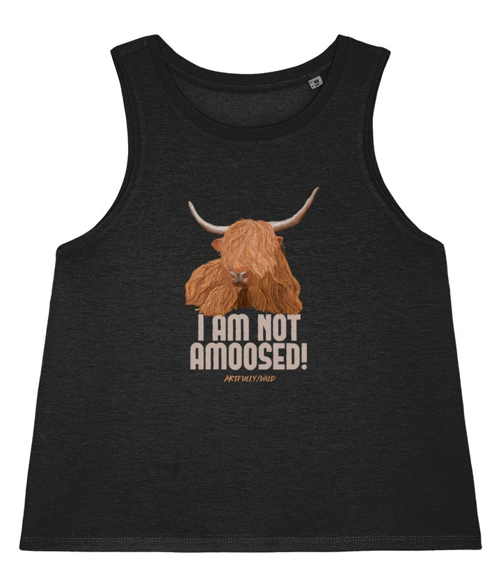 ‘I AM NOT AMOOSED’ Women’s Black Dancer Tank Top Vest Made with Sustainable Organic Cotton. Highland Cow Original Illustration by Artfully/Wild.