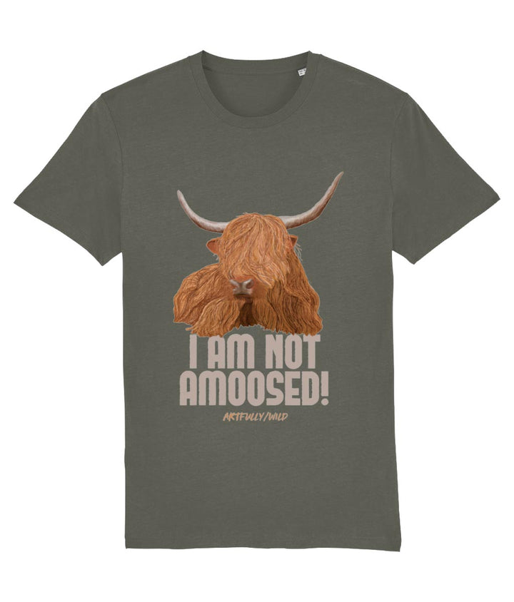 'I AM NOT AMOOSED' Print on Ocean Blue Eco-friendly T-Shirt. Unisex/Women/Men. Certified Organic Clothing. Original Highland Cow Illustration by Artfully/Wild. Printed in the UK.