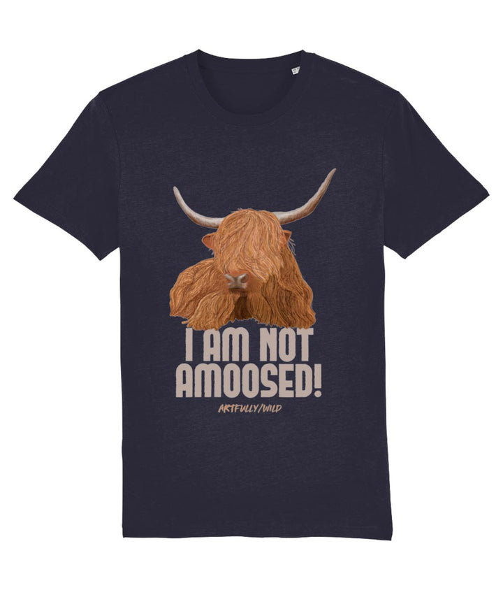 'I AM NOT AMOOSED' Print on Navy Eco-friendly T-Shirt. Unisex/Women/Men. Certified Organic Clothing. Original Highland Cow Illustration by Artfully/Wild. Printed in the UK.