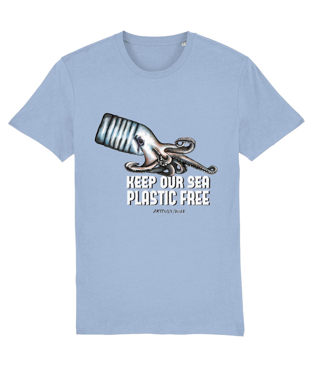'OCTOPUS BOTTLE – KEEP OUR SEA PLASTIC FREE' Print on Sky Blue Sustainable T-Shirt. Unisex/Women/Men. Certified Organic Clothing. Original Illustration by Artfully/Wild. Printed in the UK.