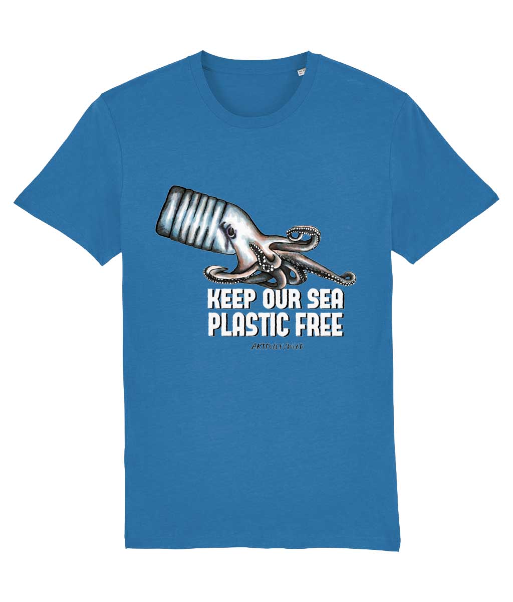 'OCTOPUS BOTTLE – KEEP OUR SEA PLASTIC FREE' Print on Royal Blue Sustainable T-Shirt. Unisex/Women/Men. Certified Organic Clothing. Original Illustration by Artfully/Wild. Printed in the UK.