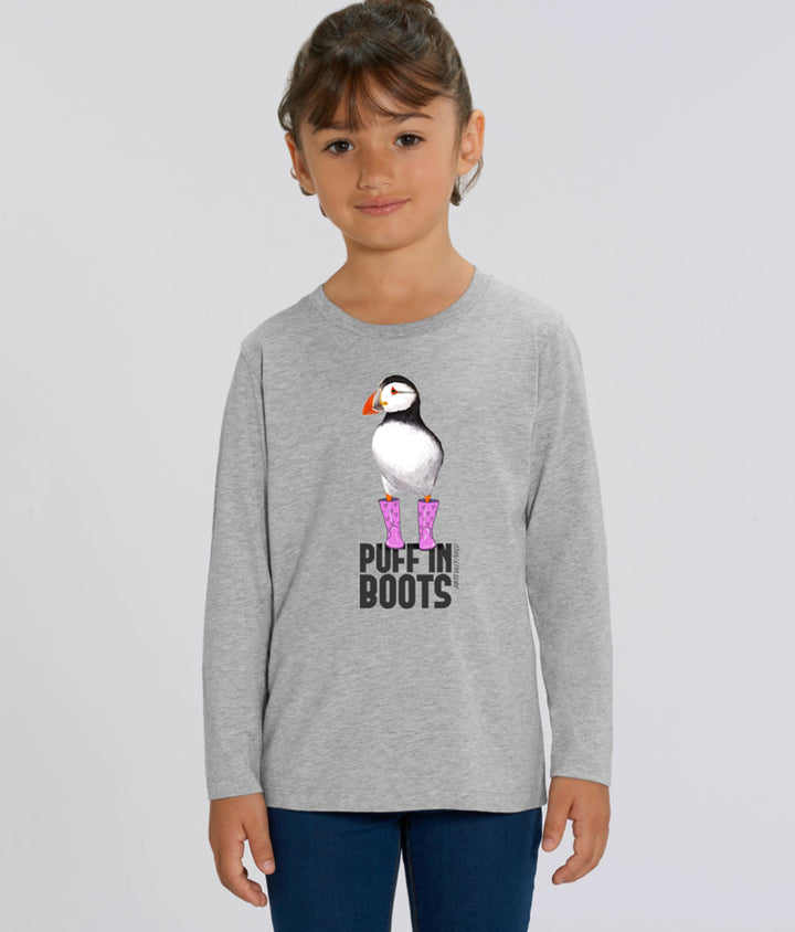 Girl wearing 'PUFF IN PINK BOOTS' Print on Grey Marl Organic Kids Long-Sleeved T-Shirt. Sustainable Clothing. Original Painted Illustration by Artfully/Wild. Printed with water-based inks.