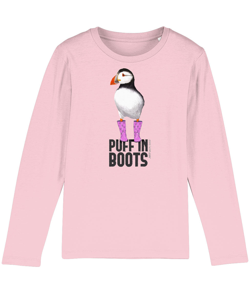 'PUFF IN PINK BOOTS' Print on Cotton Pink Organic Kids T-Shirt. Unisex/Girls/Boys. Sustainable Clothing. Original Painted Illustration by Artfully/Wild. Printed with water-based inks.