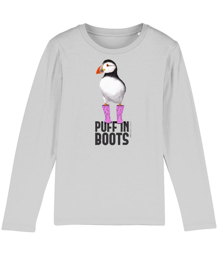 'PUFF IN PINK BOOTS' Print on Grey Marl Organic Kids Long-Sleeved T-Shirt. Sustainable Clothing. Original Painted Illustration by Artfully/Wild. Printed with water-based inks.