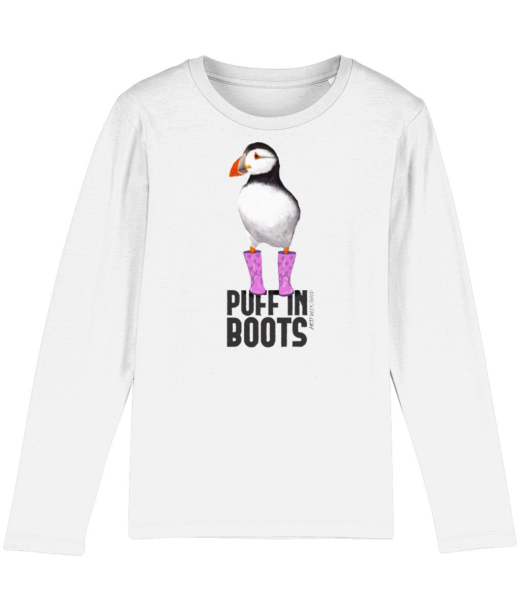 'PUFF IN PINK BOOTS' Print on White Organic Kids Long-Sleeved T-Shirt. Unisex/Girls/Boys. Sustainable Clothing. Original Painted Illustration by Artfully/Wild. Printed with water-based inks.