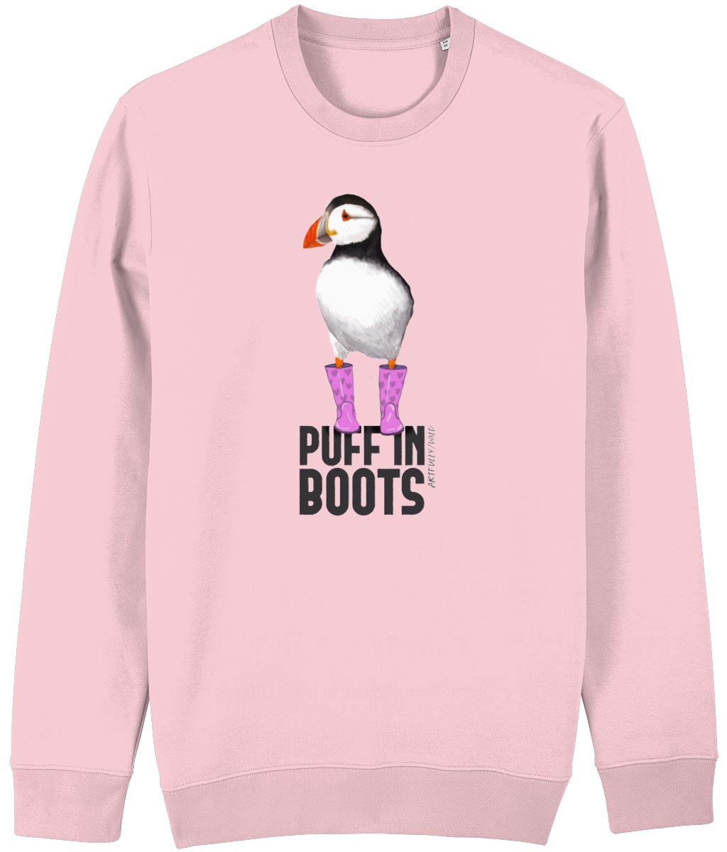 PUFF IN PINK BOOTS Organic Cotton Pink Unisex Sky Blue Crew Neck Sweatshirt. Printed with eco-friendly water-based Inks. Original Design by Artfully Wild.