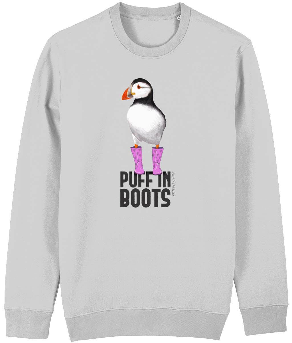PUFF IN PINK BOOTS Organic Cotton Grey Marl Unisex Crew Neck Sweatshirt. Printed with eco-friendly water-based Inks. Original Design by Artfully Wild.
