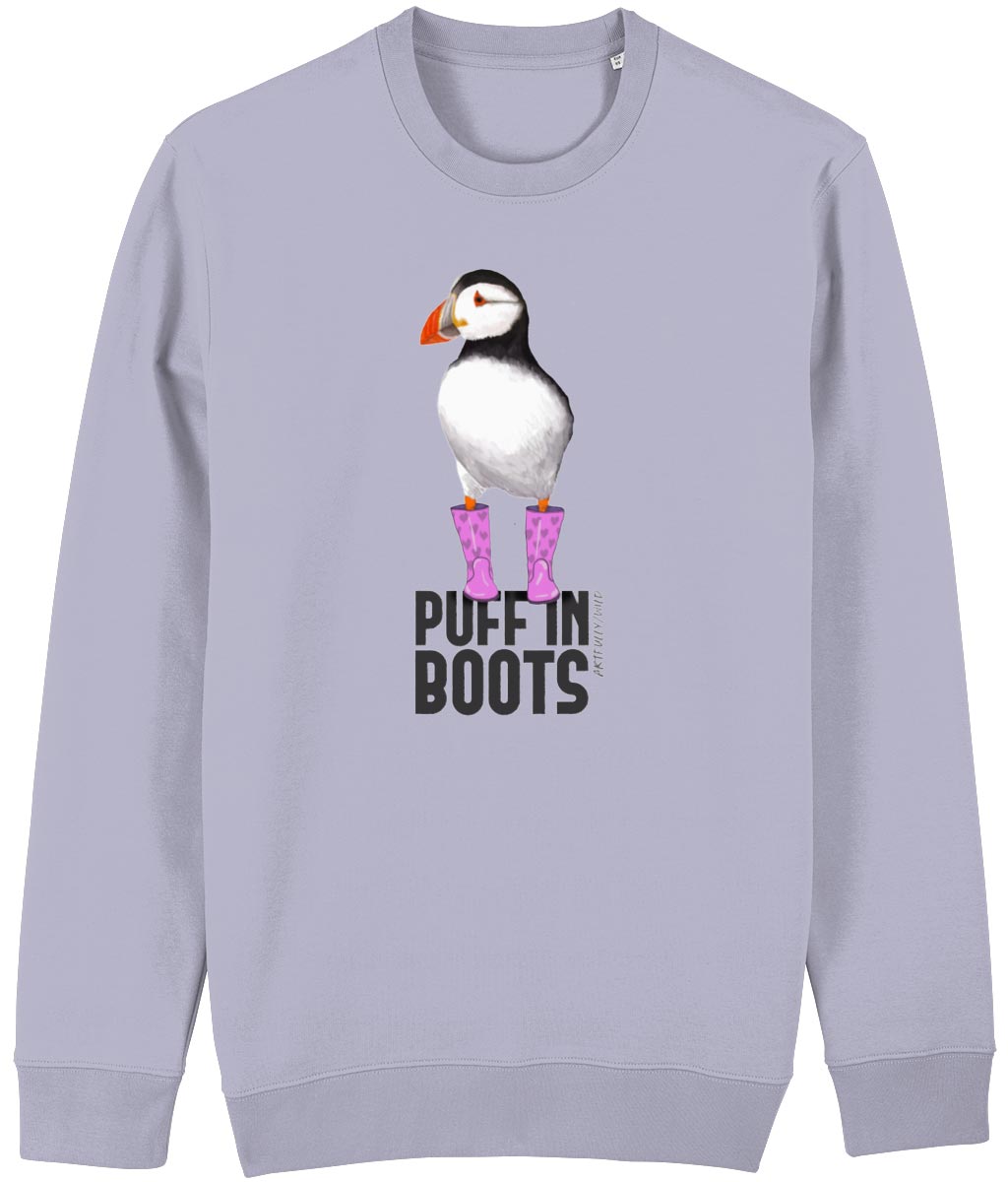 PUFF IN PINK BOOTS Organic Cotton Unisex Lavender Crew Neck Sweatshirt. Printed with eco-friendly water-based Inks. Original Design by Artfully Wild.