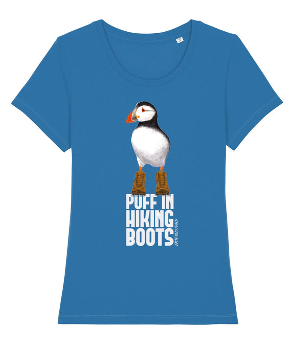 ‘PUFF IN HIKING BOOTS’ Women’s Organic Fitted Royal Blue T-Shirt. Sustainable Clothing for wildlife lovers. Original Painted Illustration by Artfully/Wild. Printed in the UK with water-based inks.