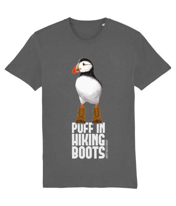 'PUFF IN HIKING BOOTS' Print on Dark Grey Organic T-Shirt. Unisex/Women/Men. Sustainable Apparel. Original Painted Illustration by Artfully/Wild.