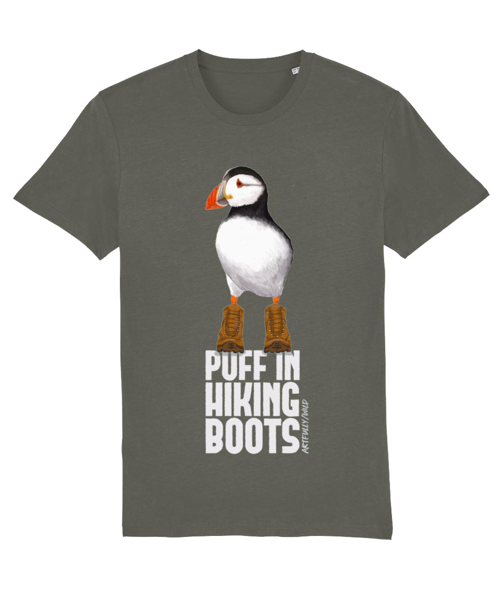 'PUFF IN HIKING BOOTS' Print on Khaki Organic T-Shirt. Unisex/Women/Men. Sustainable. Original Painted Illustration by Artfully/Wild. Printed in the UK with water-based inks.