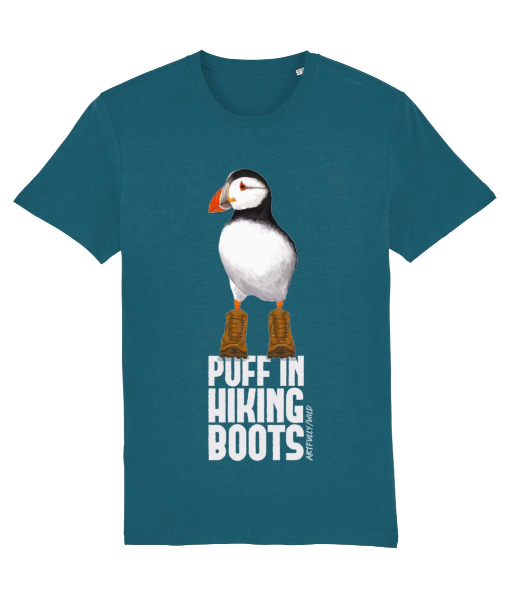 'PUFF IN HIKING BOOTS' Print on Ocean Blue Organic T-Shirt. Unisex/Women/Men. Sustainable. Original Painted Illustration by Artfully/Wild.