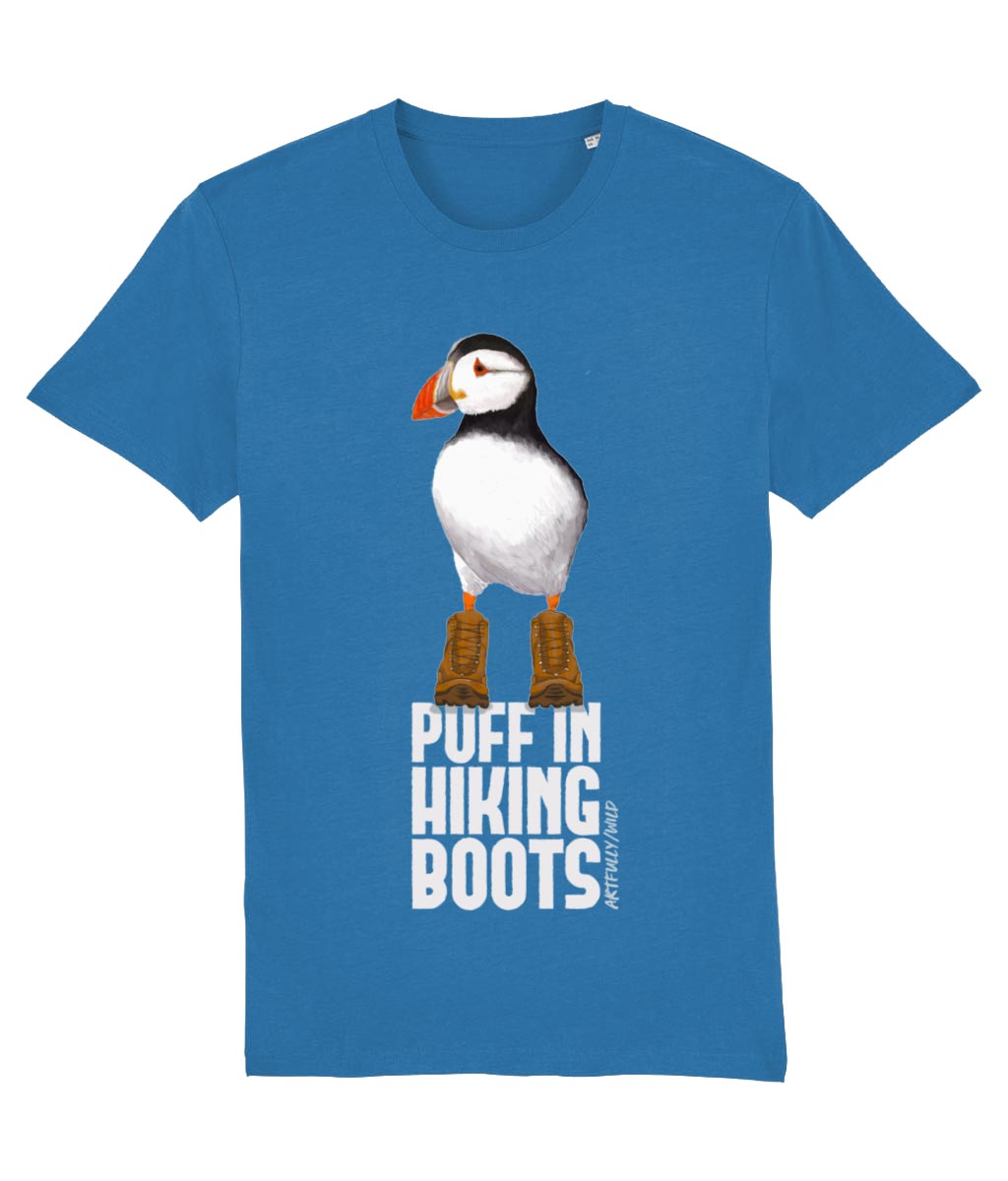 'PUFF IN HIKING BOOTS' Print on Royal Blue Organic T-Shirt. Unisex/Women/Men. Sustainable. Original Painted Illustration by Artfully/Wild. Printed in the UK with water-based inks.