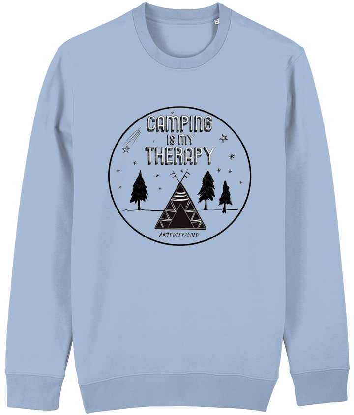 'CAMPING IS MY THERAPY' Organic Cotton Unisex Sky Blue Crew Neck Sweatshirt. Printed with eco-friendly water-based Inks. Original Design by Artfully Wild.