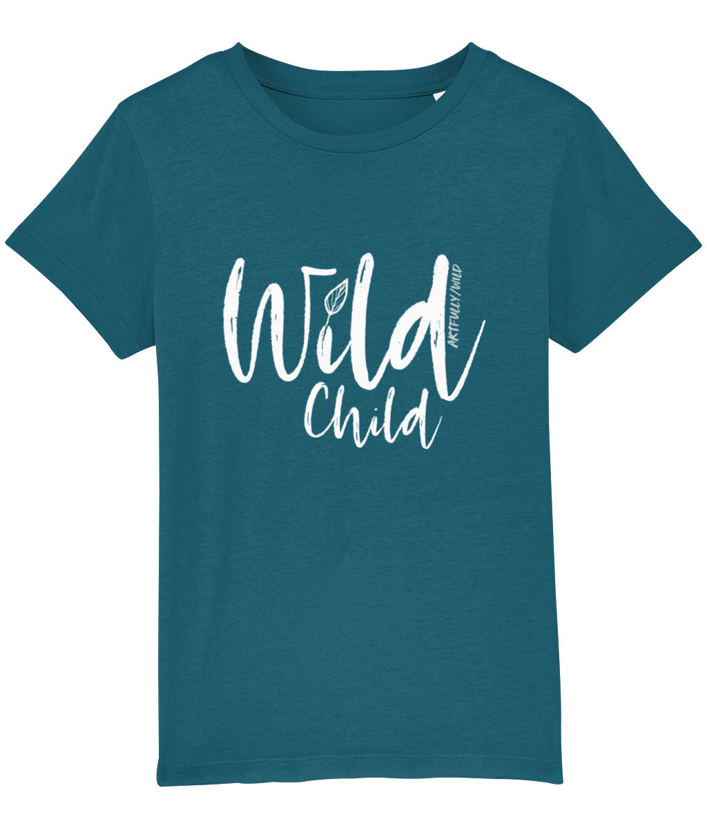‘WILD CHILD’ Kids Ocean Blue T-Shirt for Boys & Girls. Eco-friendly organic cotton. White slogan print with water-based inks. Original Design by Artfully Wild.