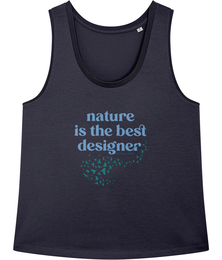 'Nature is the best designer' with flying birds design. Navy Womens Organic Vest
