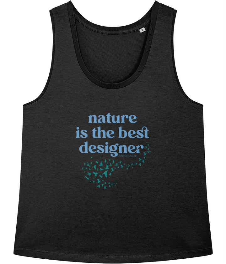 'Nature is the best designer' with flying birds design. Black Womens Organic Vest