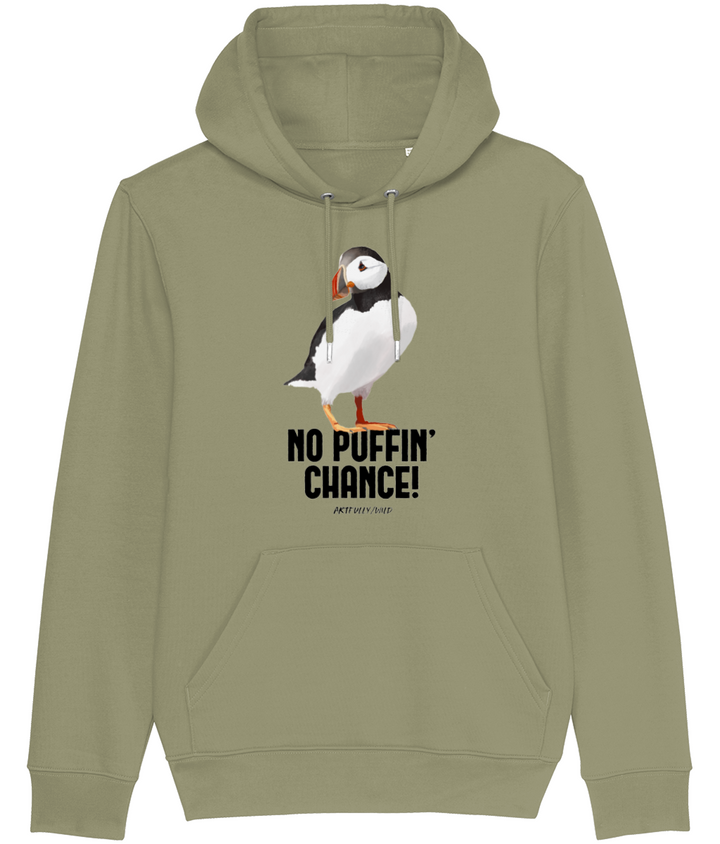 ‘NO PUFFIN CHANCE’ Classic Sage Green Hoodie. Unisex/Men/Women. Certified GOTS Organic Cotton. Printed UK with water-based Inks. Sustainable Eco-friendly Clothing. Original Painted Illustration by Artfully/Wild.