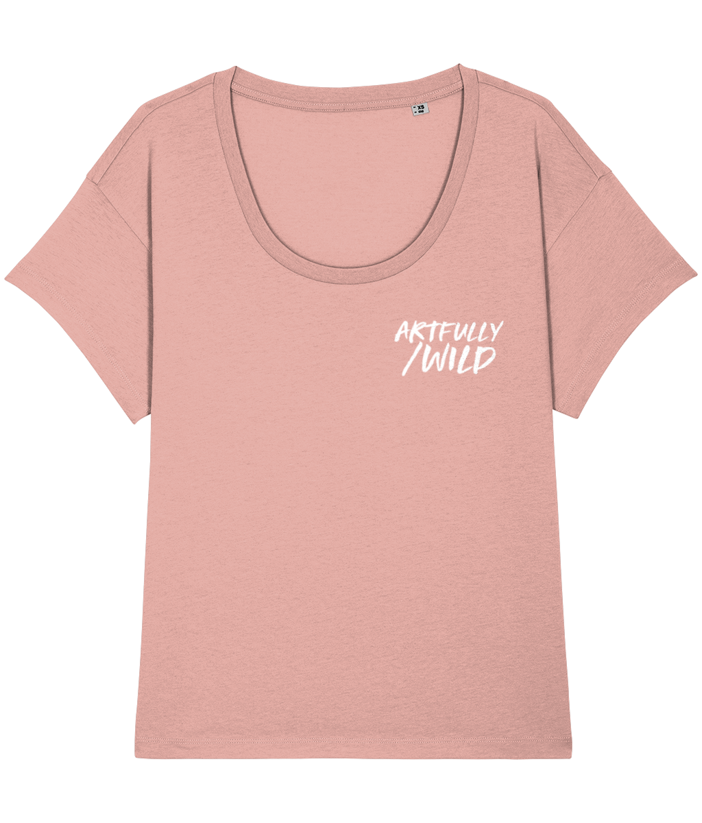 ‘ARTFULLY/WILD’ motif Women's Candy Pink Chiller T-Shirt. Eco-friendly organic cotton. White slogan print with water-based inks. Original Design by Artfully Wild.