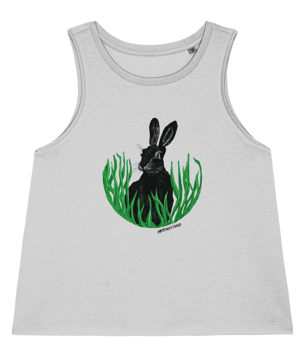 ‘HARE IN THE GRASS’ Women’s Grey Marl Dancer Tank Top Vest Made with Sustainable Organic Cotton. British Wildlife Original Illustration by Artfully/Wild.